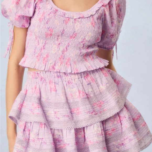 LOVESHACKFANCY Ruffle Mini Heirloom Print Skirt Hibiscus size xs - Picture 3 of 8